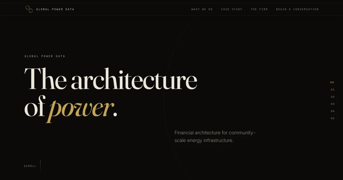 The Global Power Data website — a near-black, quiet-luxury hero for a boutique infrastructure-finance firm, lit by a single thin line of gold light.