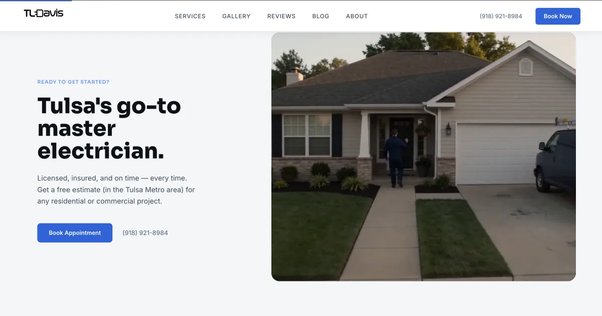 The TLDavis Electric & Design homepage — a cinematic, scroll-choreographed marketing site for a licensed Tulsa master electrician, shown in its frame-sequence hero.
